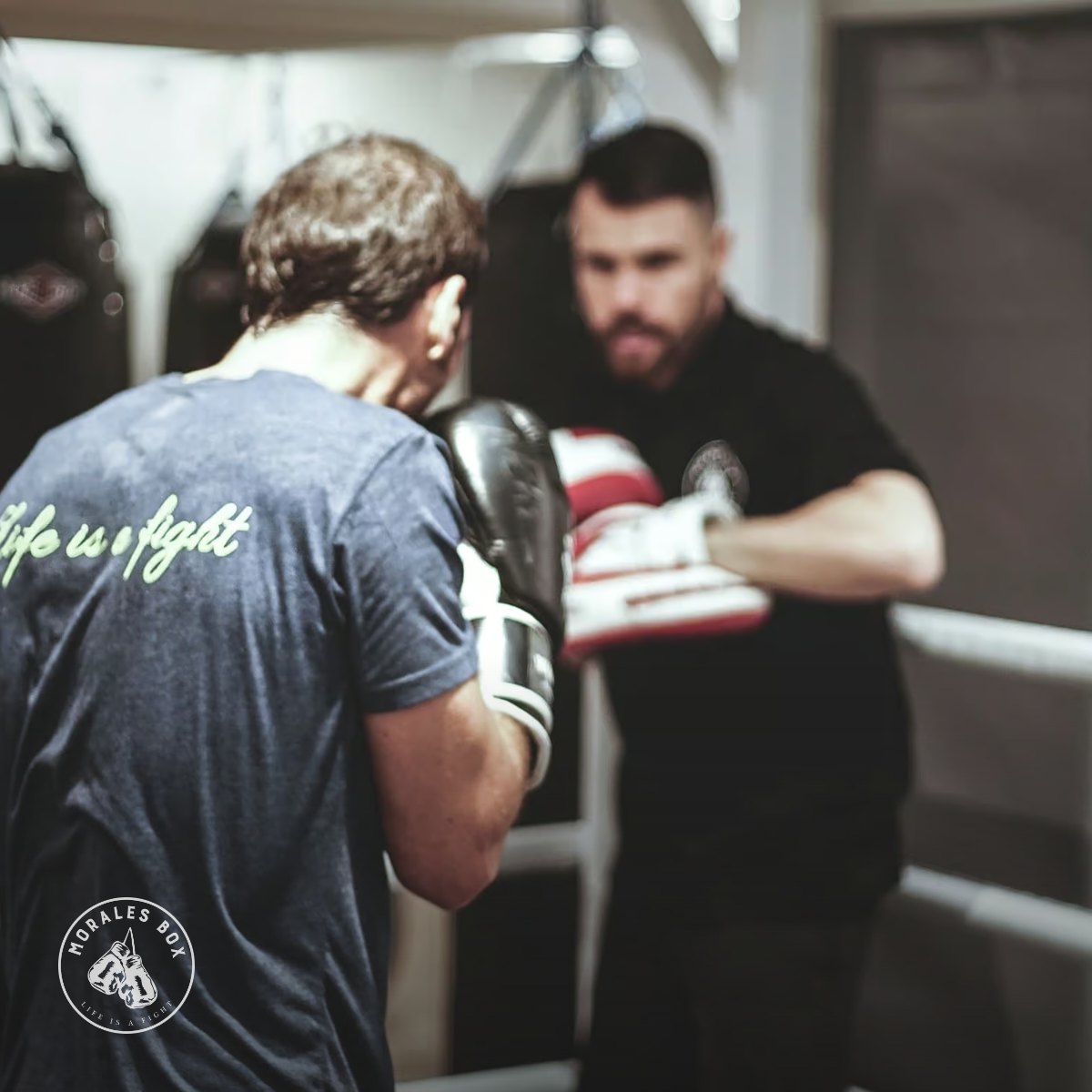 Entrenamiento de boxeo con manoplas en el ring de Morales Box